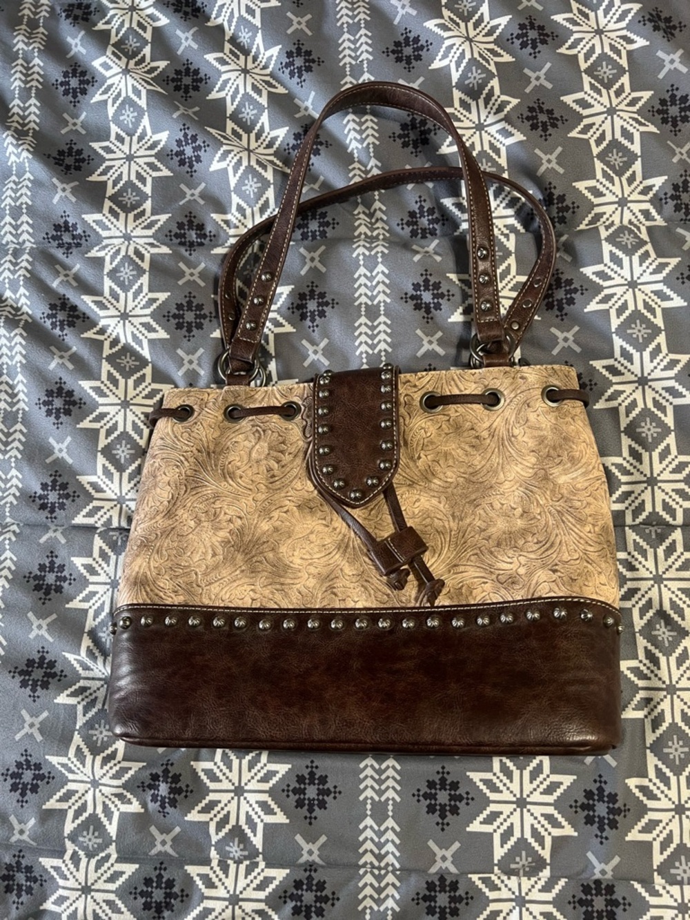Blazing Roxxs Stud-Trim Two-Tone Tote Bag in Beige and Brown concealed carry bag